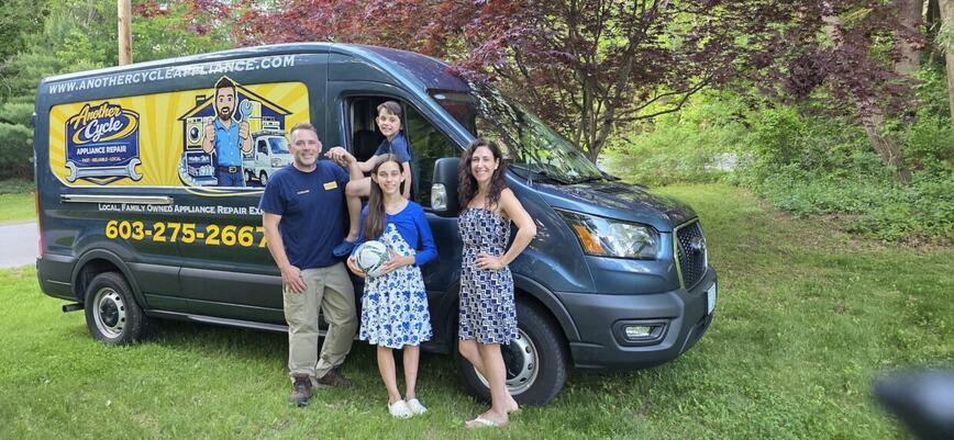 The Another Cycle family beside their appliance repair van on a front lawn