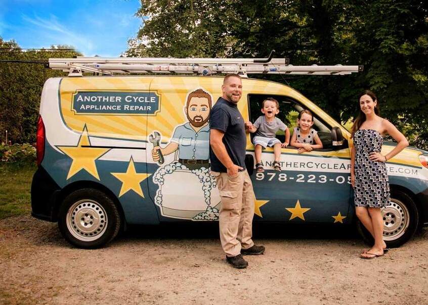 The family-owned Another Cycle team standing beside their appliance repair van