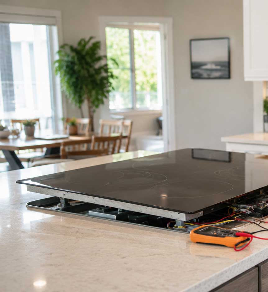 Black glass electric cooktop lifted out of a kitchen counter during repair, with a multimeter alongside