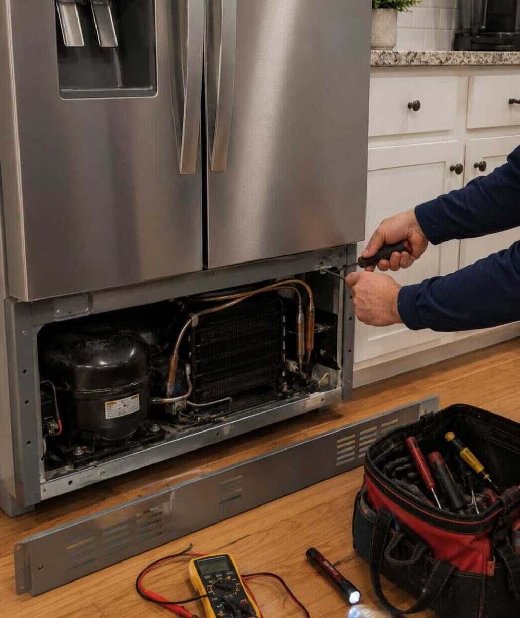 Technician testing the compressor at the base of a stainless steel refrigerator