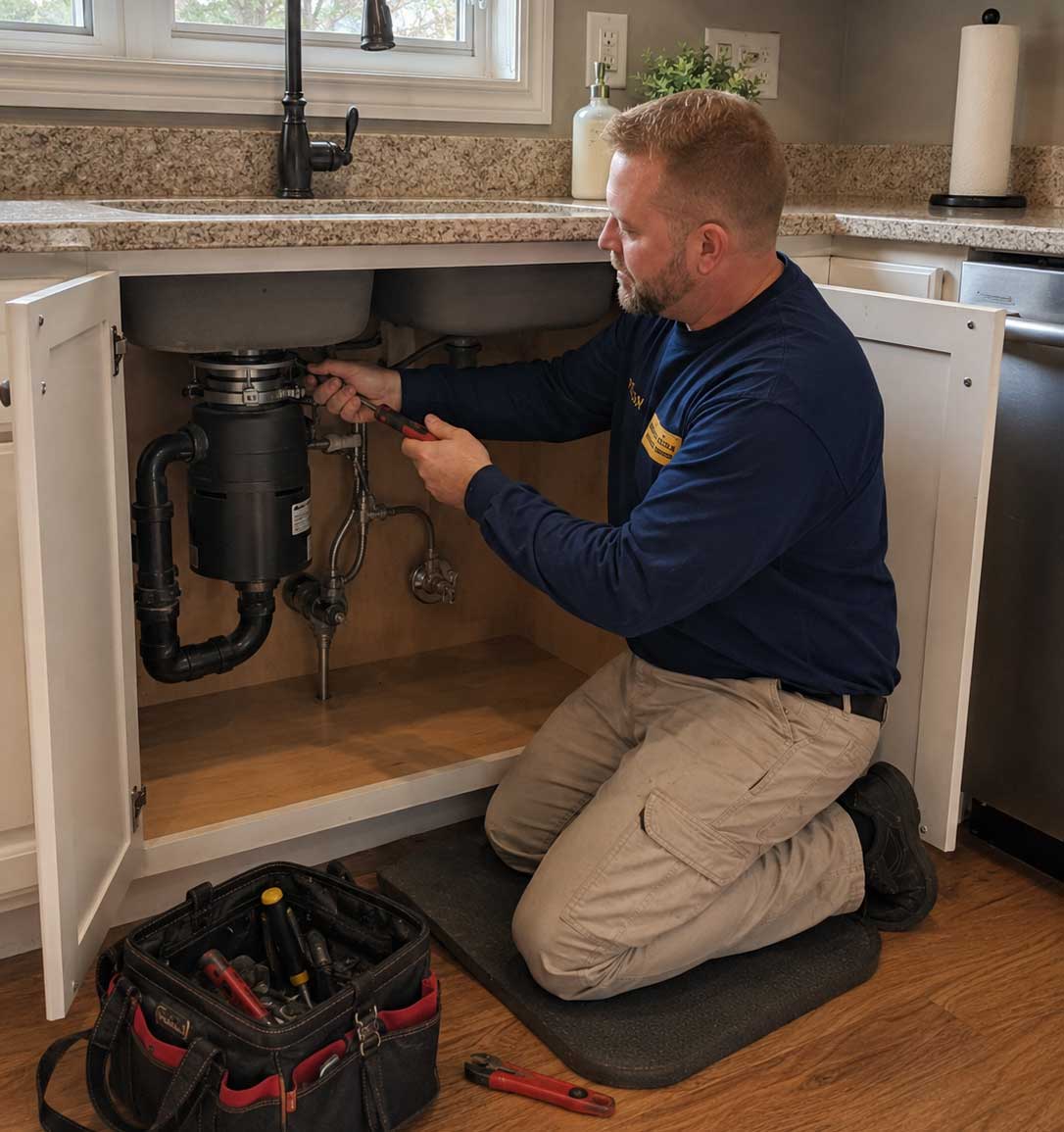 Technician kneeling under a kitchen sink to repair a garbage disposal