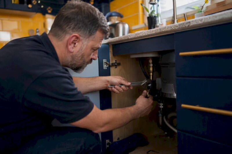 Technician repairing garbage disposal under kitchen sink