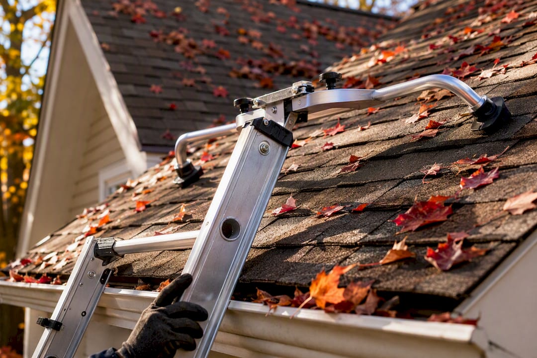 Ladder stabilizer on residential roof