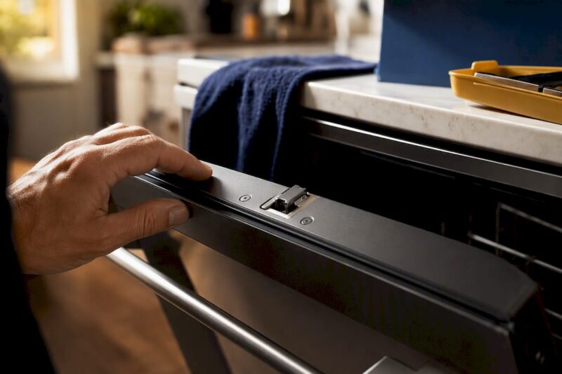 Hand checking a dishwasher door latch