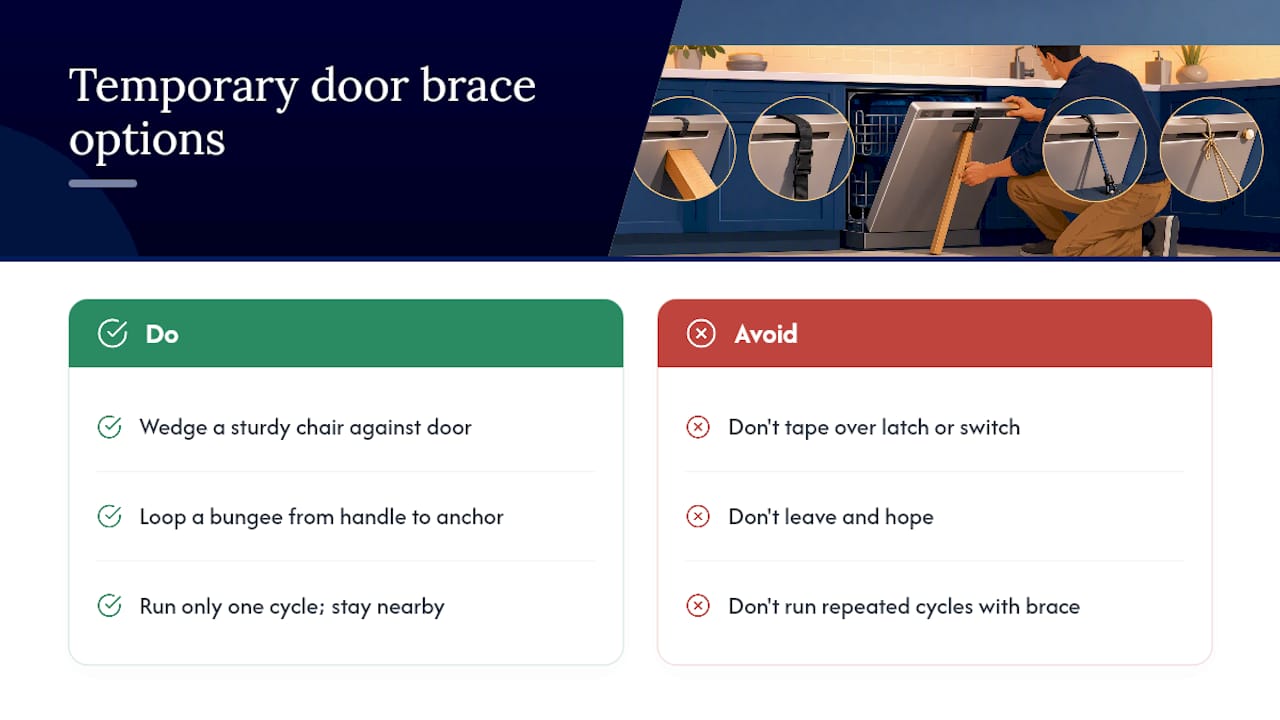 Safe temporary dishwasher door bracing methods