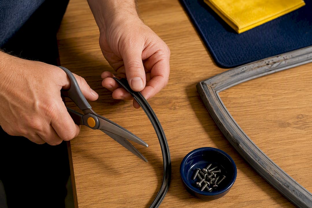 Hands separating magnet strip from old gasket