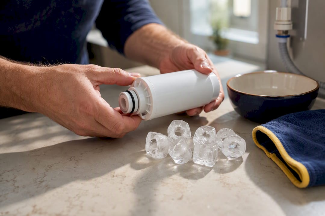 Water filter beside hollow ice cubes