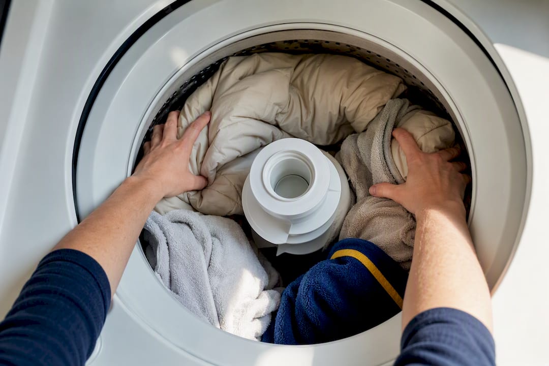Hands redistributing laundry inside washer drum