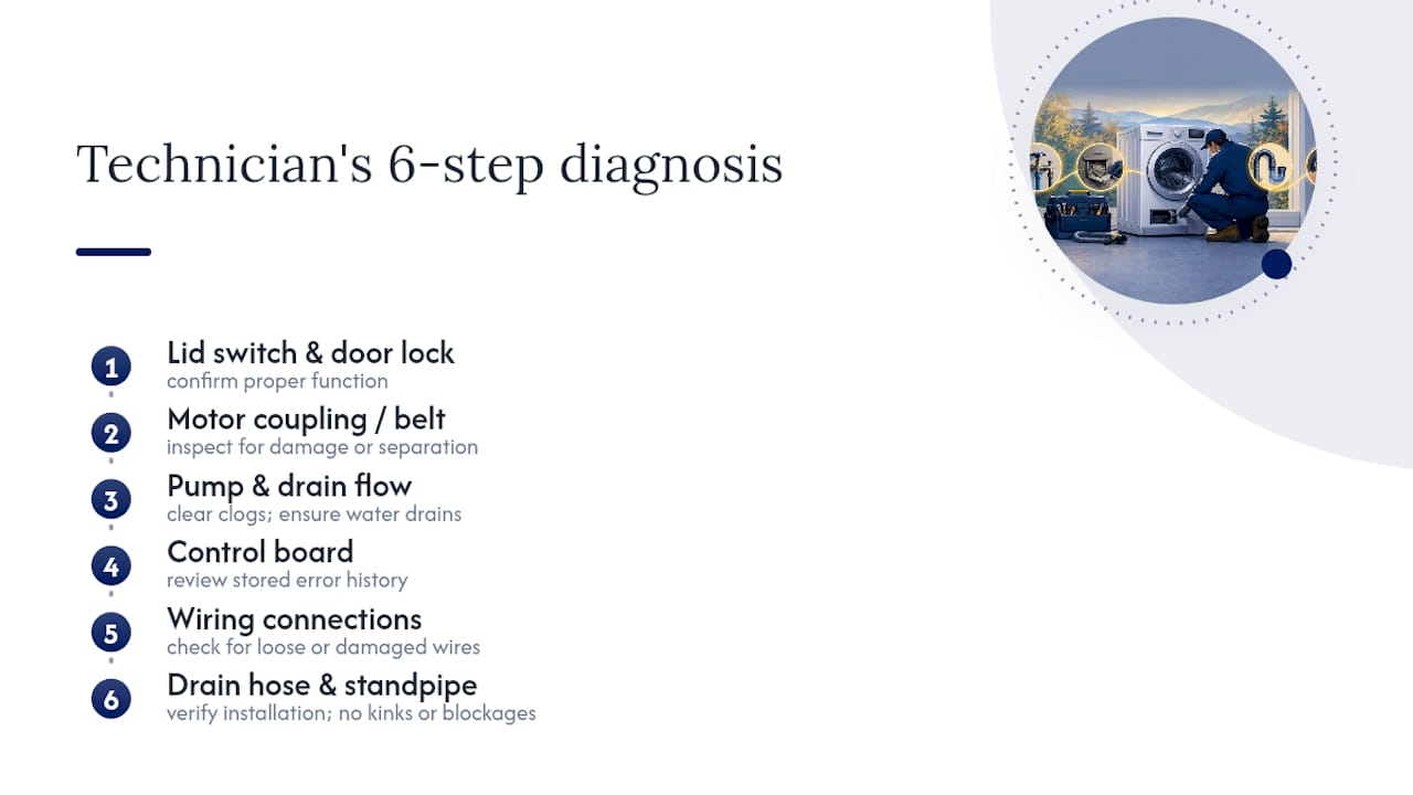 Six-step washer diagnostic sequence