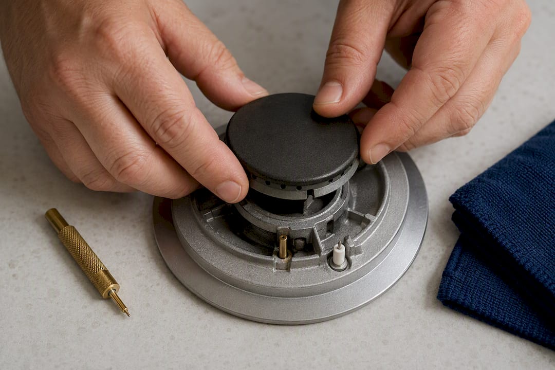 Hands aligning a gas burner cap