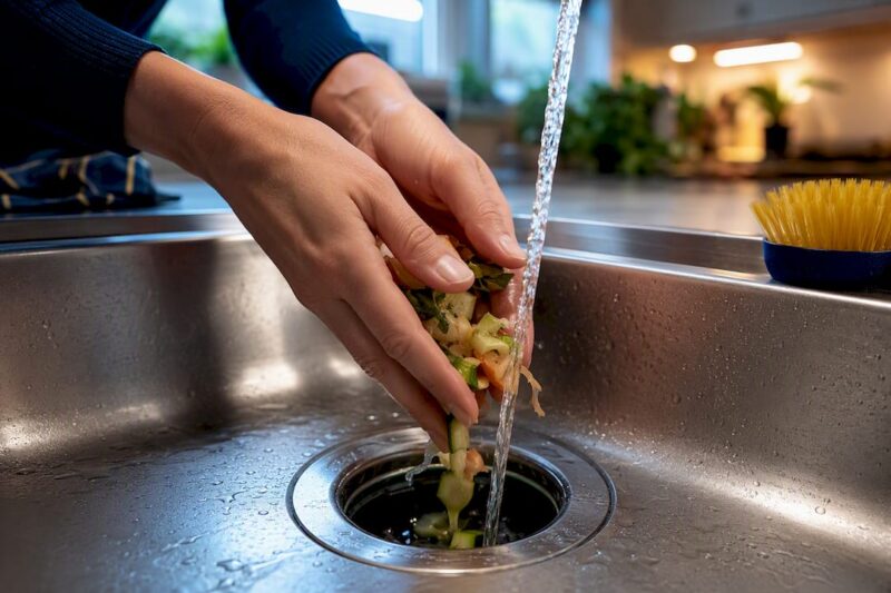 Hands rinsing food scraps over sink drain
