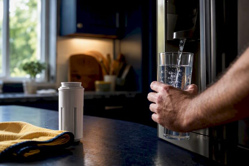Glass of water beside refrigerator dispenser