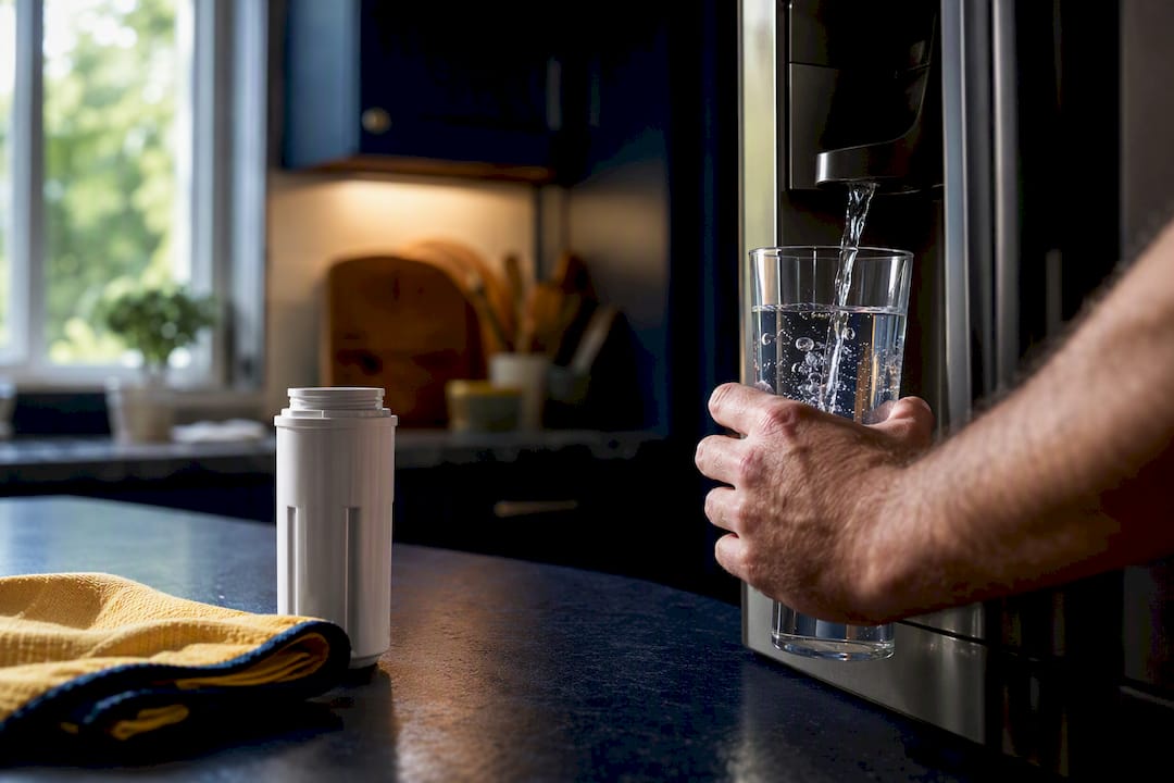 Glass of water beside refrigerator dispenser