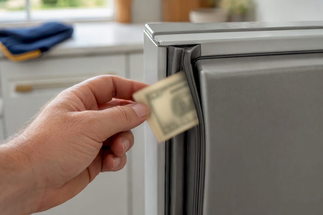 Dollar bill testing a refrigerator door gasket