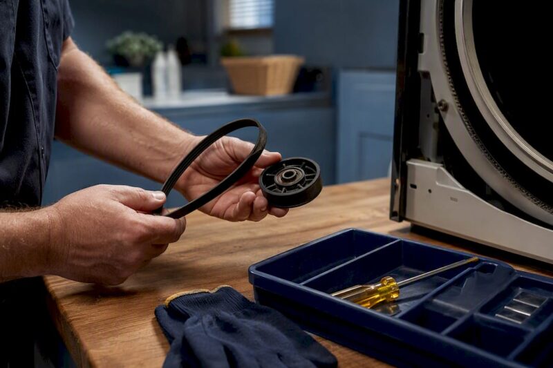 Technician examining dryer repair parts