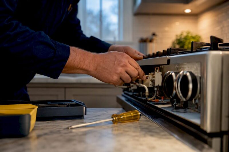 Technician inspecting a stove control area