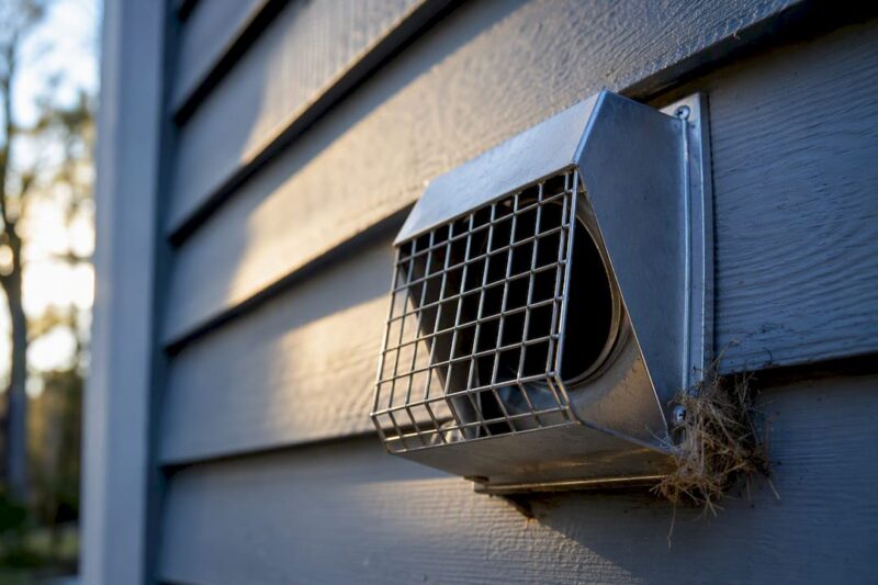 Metal bird guard on exterior dryer vent