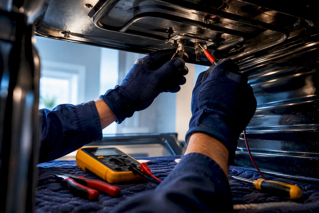 Technician inspecting an oven broiler element