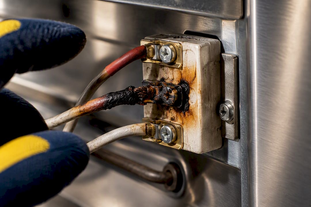 Melted insulation near broiler wiring terminal