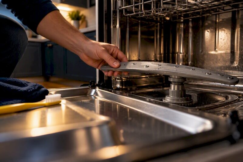 Hand inspecting dishwasher spray arm
