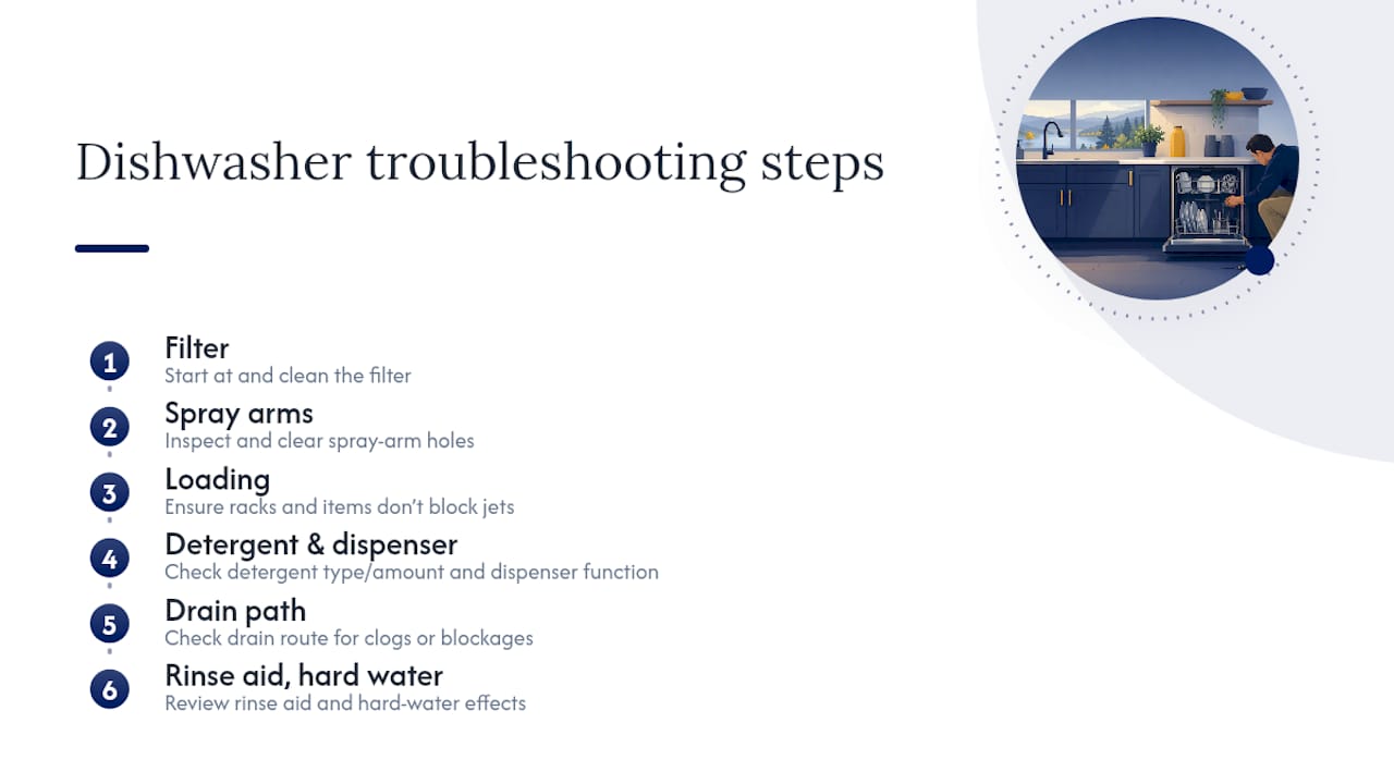 Seven-step dishwasher troubleshooting path