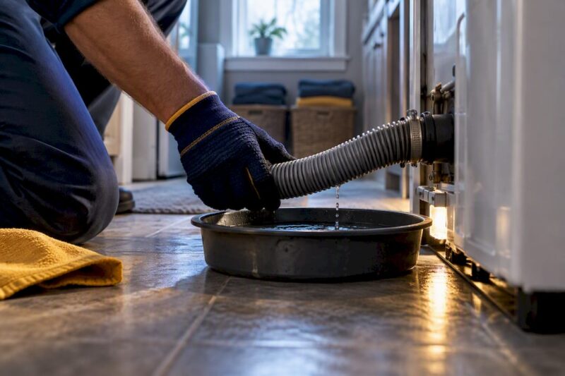 Technician inspecting washer drain hose