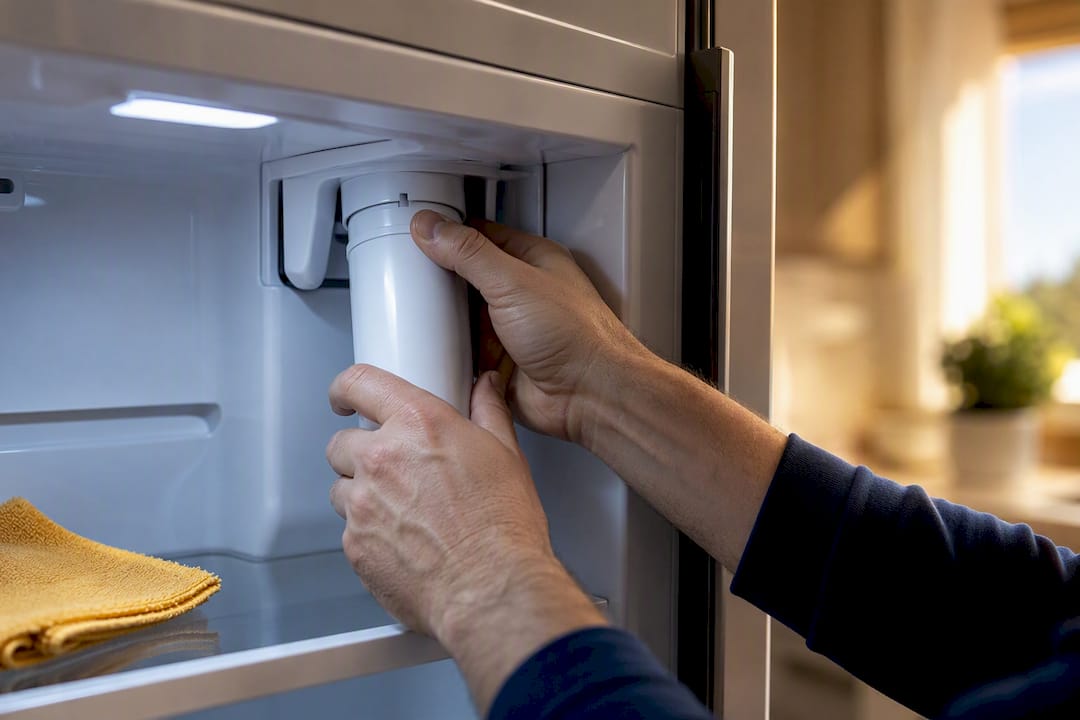 Hands freeing a stuck refrigerator water filter