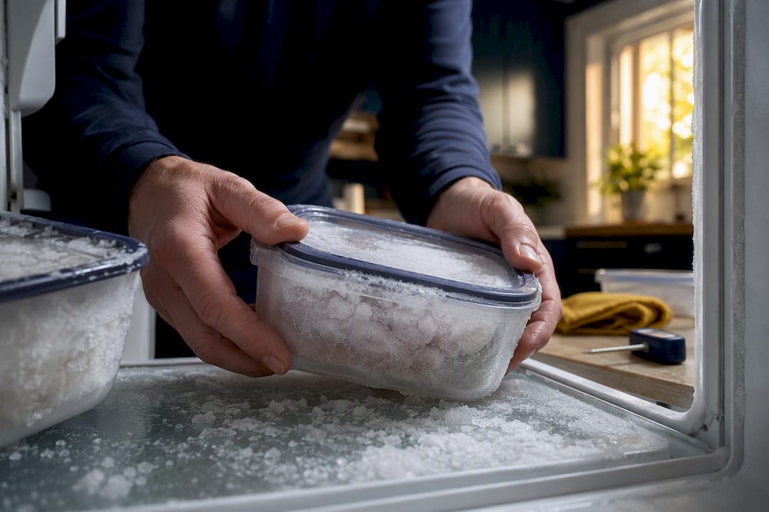 Hands inspecting frost-covered refrigerator food