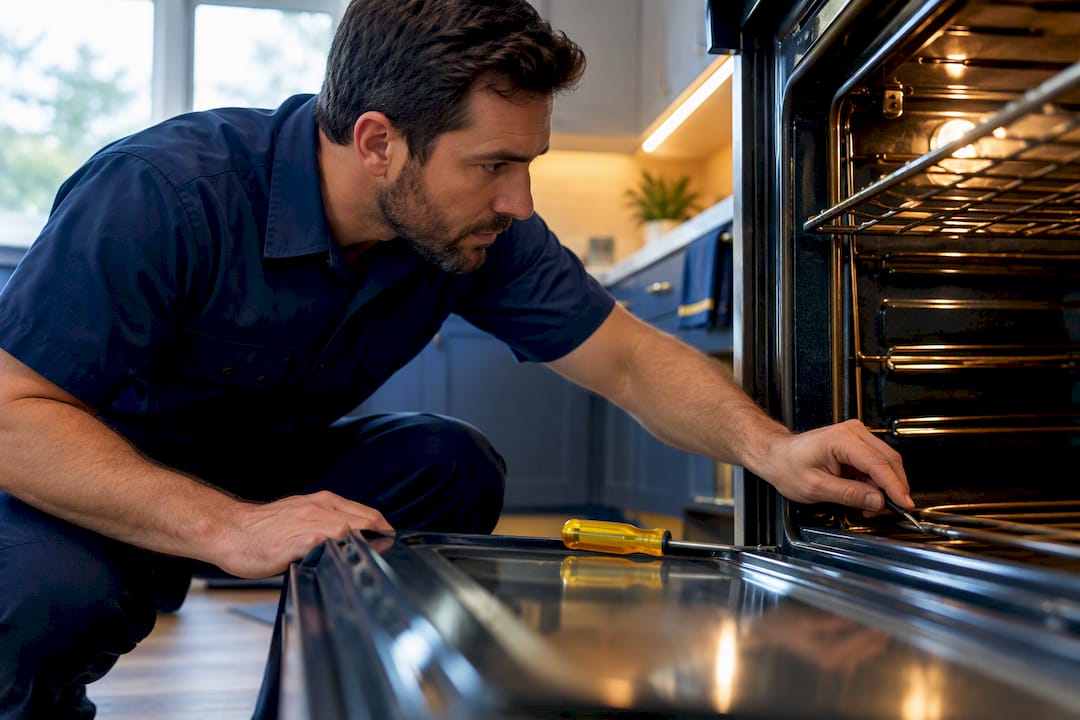 Technician inspecting an oven heating component