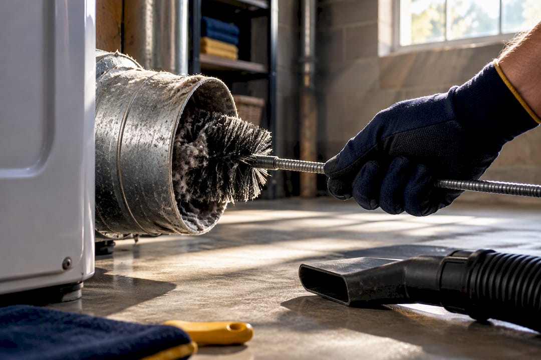 Technician cleaning lint from dryer vent